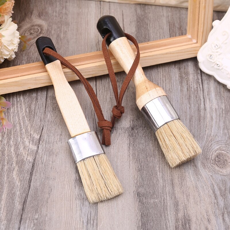 2 Stuks Ronde En Platte Krijt Verf Wax Borstel Ergonomische Houten Handvat Borstel 4XFA