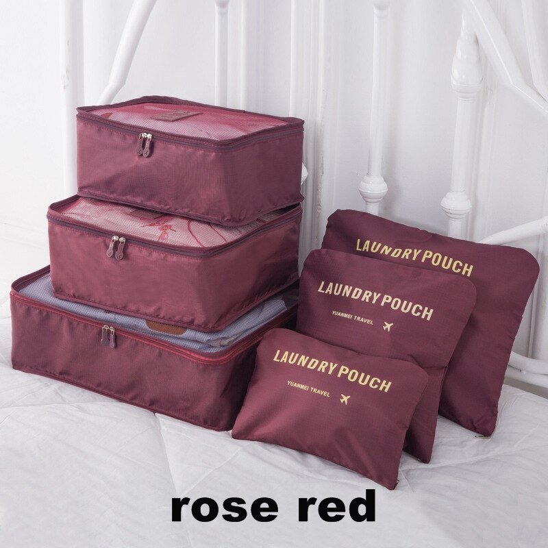 6PCS/Set Travel Accessories Packing Organizers Travel Mesh Bag In Bag Luggage Organizer Packing Cube Organiser for Clothing N117: rose red