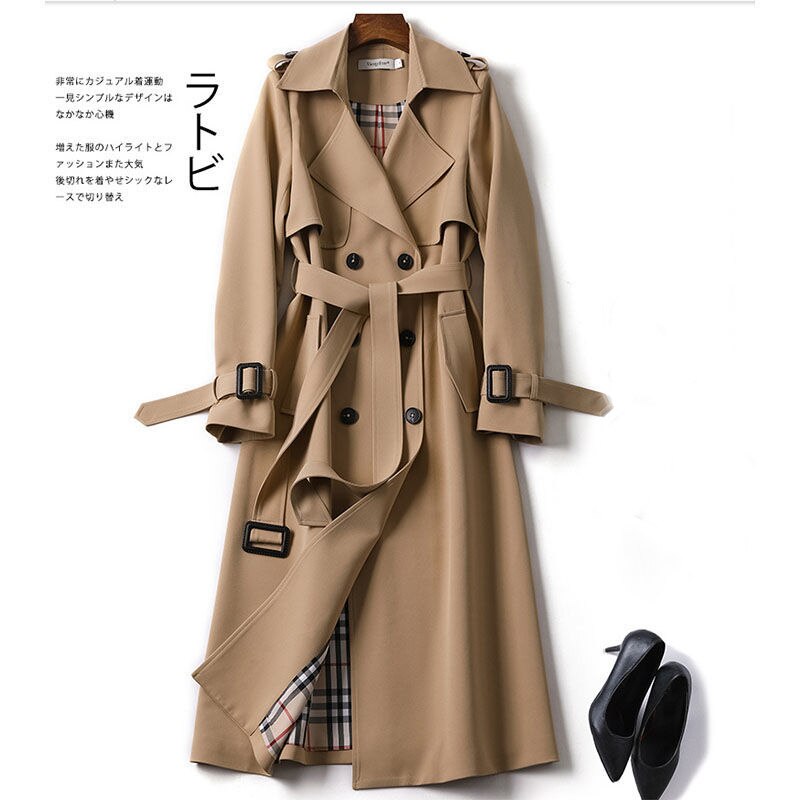 Efterår vinter kvinder afslappet ensfarvet jakke dobbeltradet koreansk kontor varm vintage kappe overfrakker vindjakke top: Khaki / M