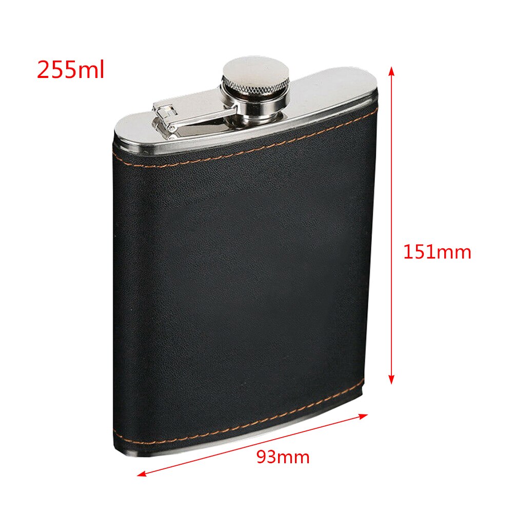 mini rustfritt stål vinflaske 7oz/8oz/9oz pu læroverflate hofteflaske bærbar reise whisky alkoholflaske brennevinflaske: Svart 255ml