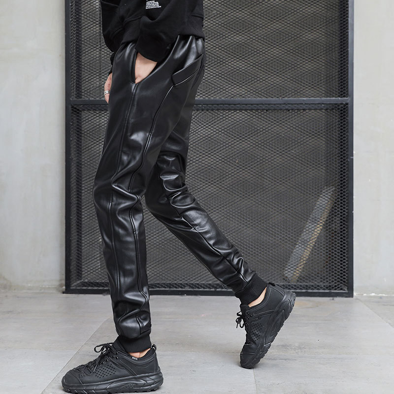 Idopy Men`s Autumn Faux Leather Joggers Harem Pants Hip Hop Ankle Cuffed Elastic Waist Drawstring PU Stretchy Trousers For Male