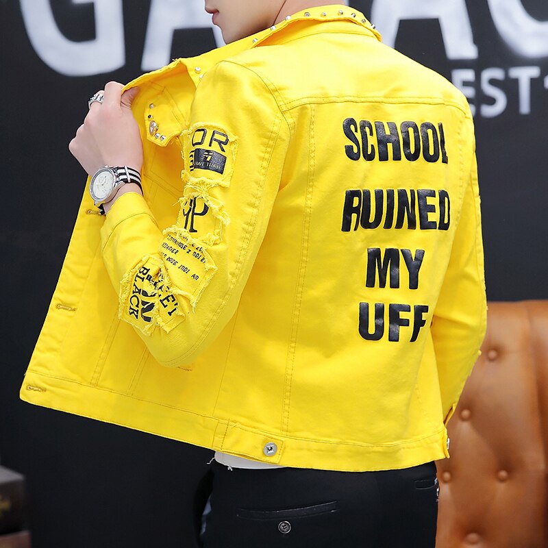 Spring white denim jacket men korean clothes Slim men jacket spring Handsome rivet bomber jacket men