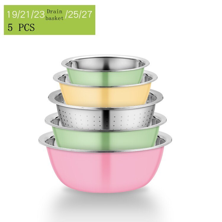 5PCS Stainless Steel Salad Bowl Drain Basket Drainer Mixing Bowls Set Kitchen Vegetables Fruit Washing Storage Container: 19-21-23-25-27 A