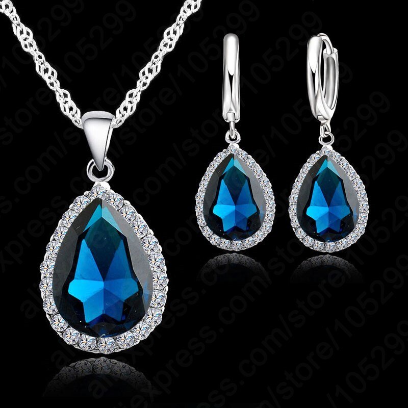 925 Sterling Silver Necklace Jewelry Set Water Cubic Zircon Crystal Necklaces Wedding Necklace Pendants For Women: Blue Zircon