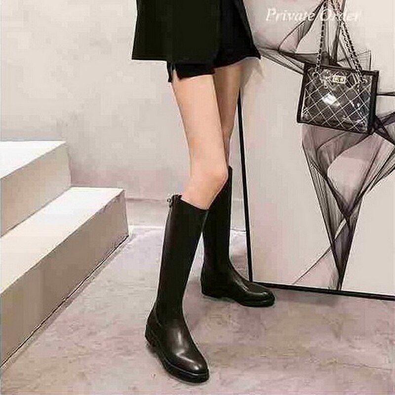 Dames hoge laarzen dames motorlaarzen lage hak herfst/winter schoenen warm pluche achterkant rits schoeisel ronde neus dames zwart