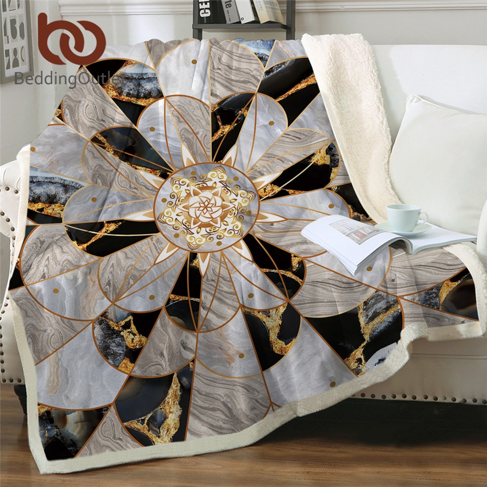 BeddingOutlet Sherpa Fleece Deken Gouden Marmeren Bed Deken Luxe 3D Zachte Pluizige Boho Deken Mandala Bloem Pluche Sprei