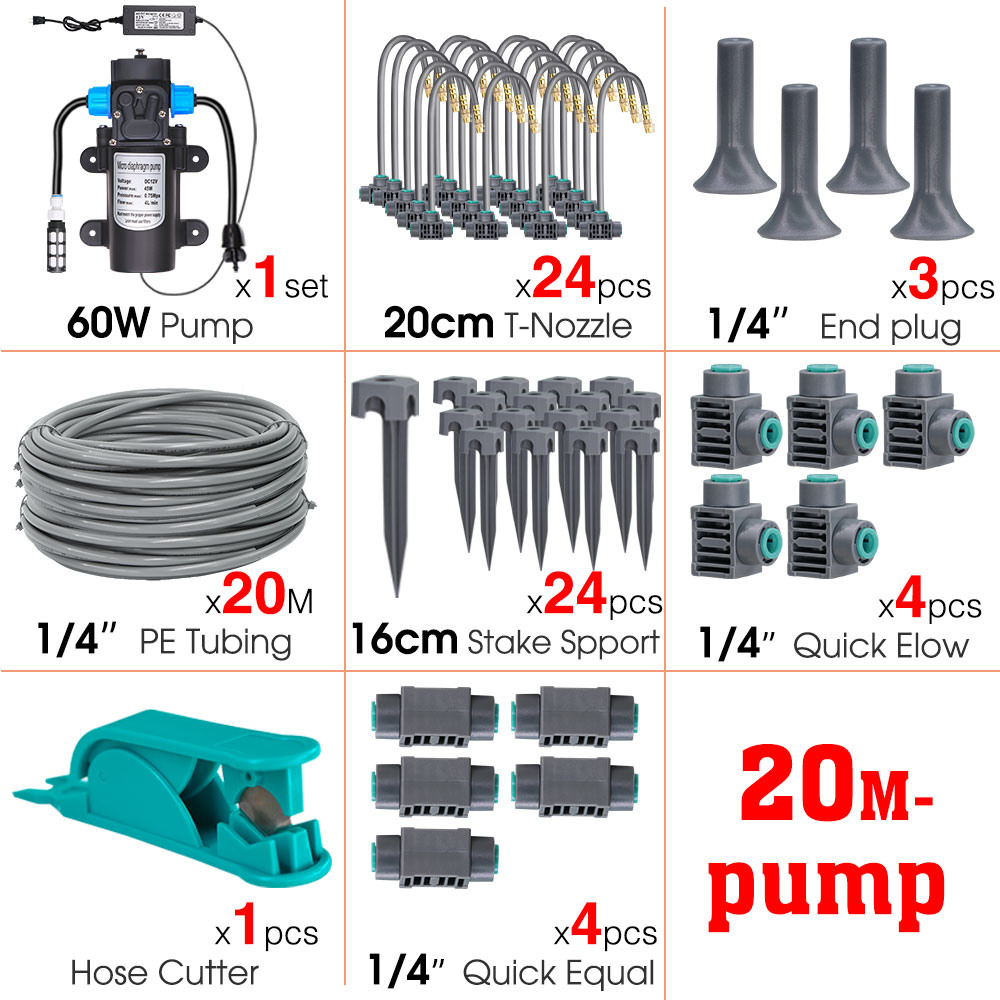 5M-30M 45W-60W Self-priming Pump Watering System 360° Bendable Mist Brass Misting Sprinkler Quick Connector Drip Irrigation Kits