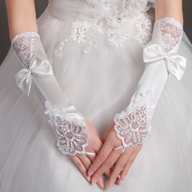 Las mujeres de novia largo guantes Fingerless guantes de encaje Floral manoplas Patchwork brillo Rhinestone Bowknot grande longitud gancho dedo