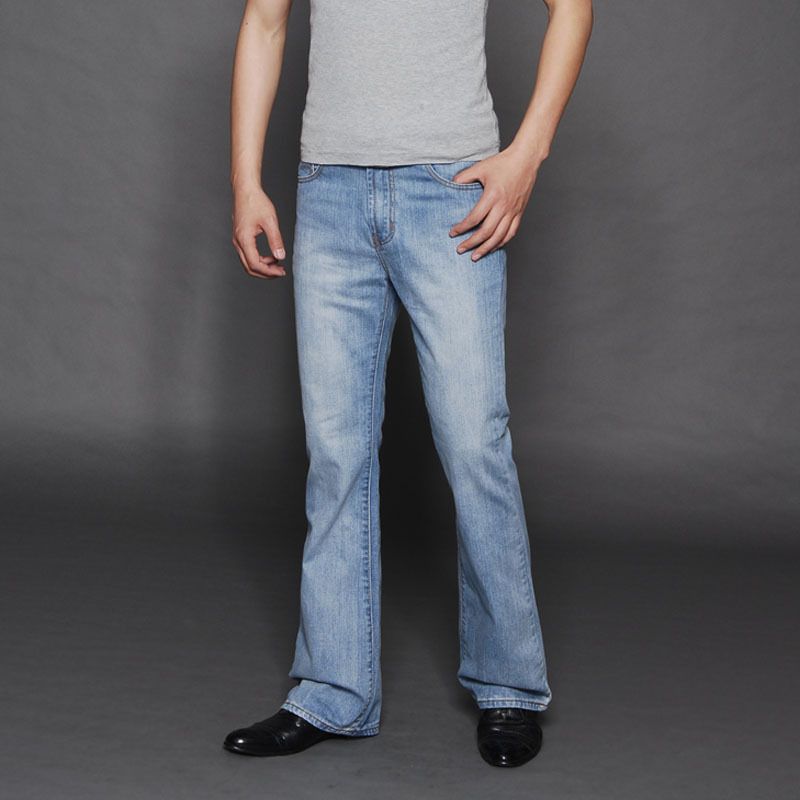 Men Light blue flared jeans Men's bell bottom denim pants male Plus size jean pants Mid Waist 053006: 28