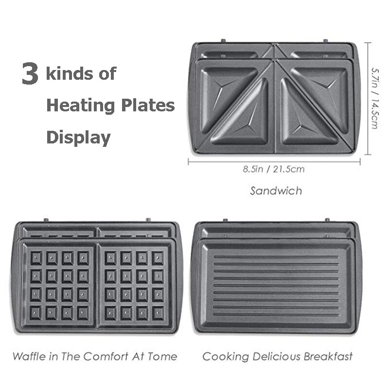 Tostadora de sándwich de 750W, tostadora, horno eléctrico, sartén de cocina extraíble, plato antiadherente, parrilla para panqueques, máquina para hacer conos de gofres