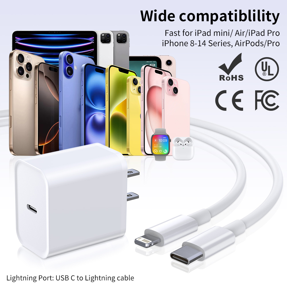 Cargador estadounidense de carga rápida PD20W con certificación MFI con Cable USB Lightning para iPhone 14 13 12 11 X XR XS Pro Max iPad cargador USB C