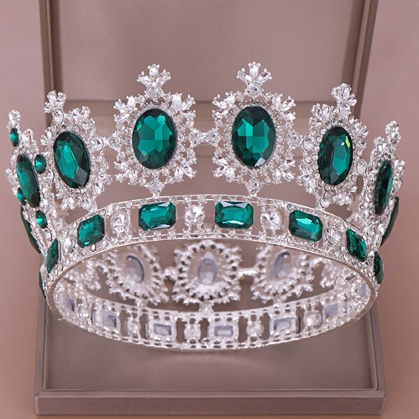 Vintage Barokke Blauw Groen Rode Kristal Grote Ronde Tiara En Kronen Strass Diadeem Voor Koningin Koning Bridal Bruiloft Accessoires: Green Silver