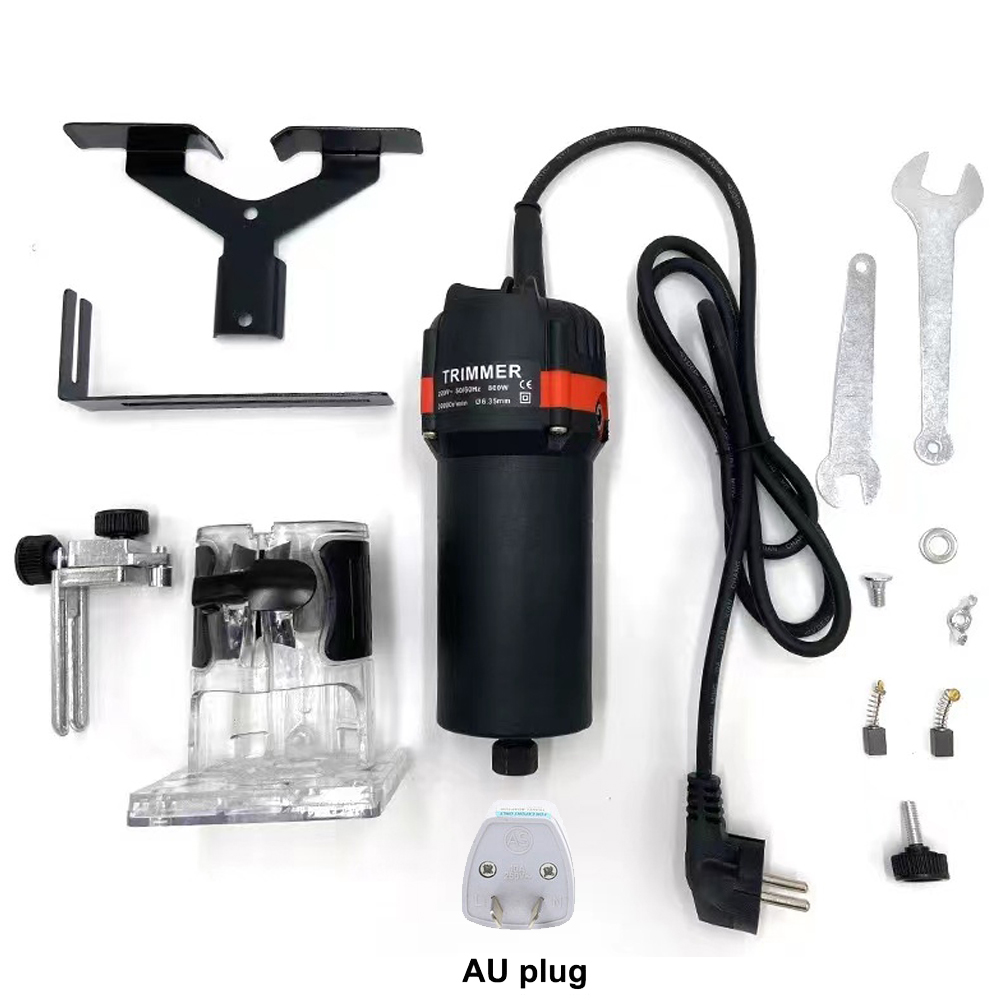 800W 30000rpm Wood Electric Hand Trimmer Woodworking Engraving Slotting Trimming Hand Carving Machine Wood Router Joiners Set: Black AU plug