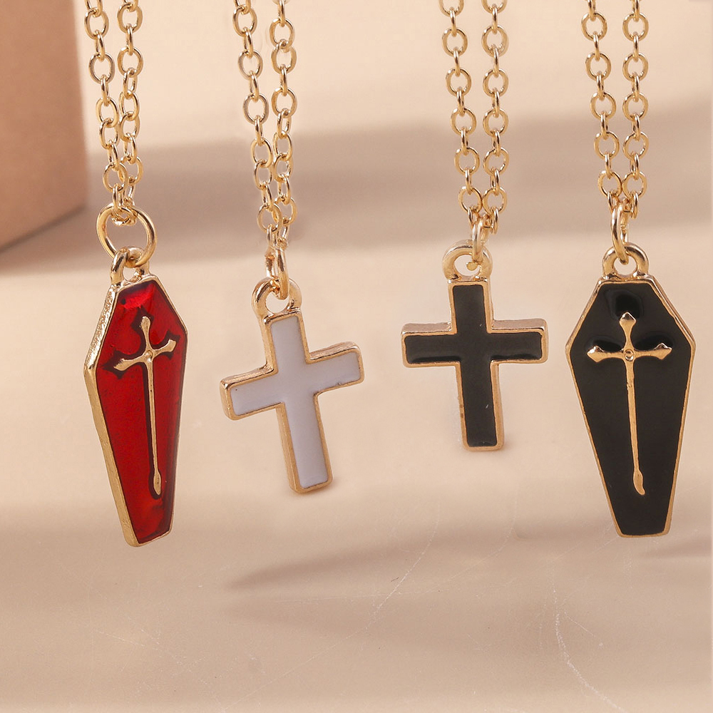 Aihua Cute Enamel Halloween Vampire Cross Coffin Friendship Couple Necklaces For Women Men BFF Best Friend Necklaces Jewelry