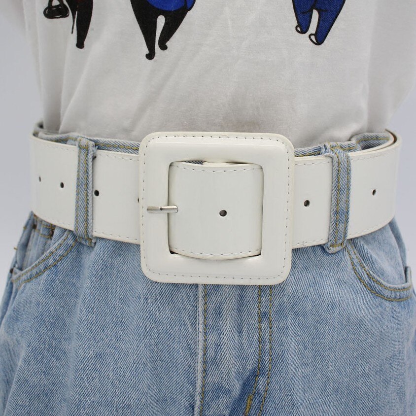 Cinturones de hebilla cuadrados grandes a la de charol brillante a la cintura hebillas de Pin rojo cinturón ancho señoras Casual vestidos cintura para mujer: Blanco