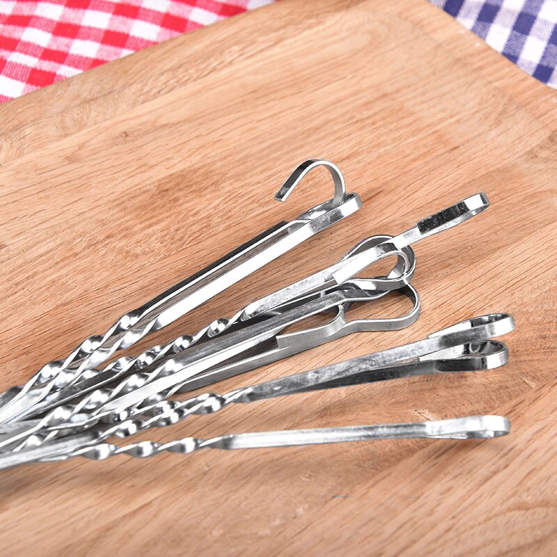 Nowy 10 sztuk 45cm (15.7w) metalowe patyczki robić szaszłyków w/pierścień otwór długie szaszłyki z grilla Shish Kebob BBQ kije espeto churrasco na wolnym powietrzu