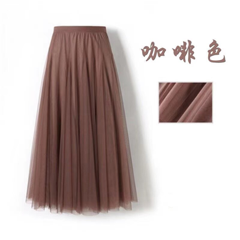 Spring Mesh Purple High Waist Skrit for Women 2022 Slim Fit Pleated Mid-length Skirt Female Faldas: coffee