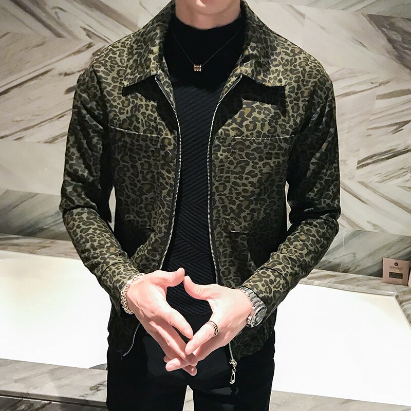 Chaqueta de leopardo para hombre, Cazadora bomber de con cremallera, informal, a la , primavera y otoño,