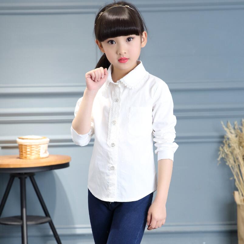 Spring Fall Kids Girls Shirts Children Shirt White Blouse Age 6 8 10 12 Years Cotton Lace School Girls Tops Clothes JW3549