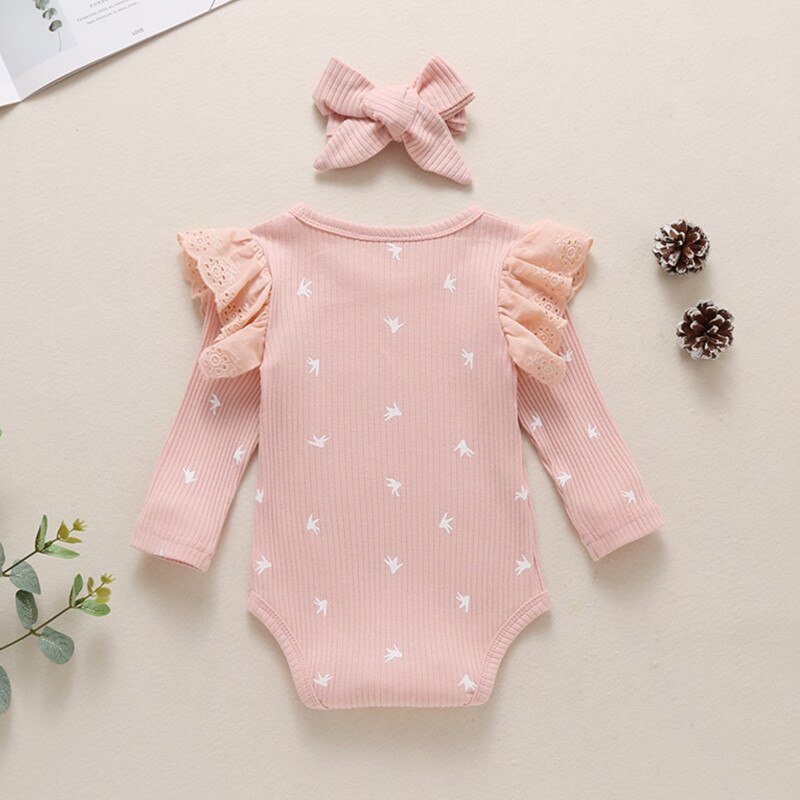 Primavera otoño mameluco del bebé, Infantil cuello redondo de manga larga de encaje body y Headwear traje de dos piezas para niños pequeños niños niñas