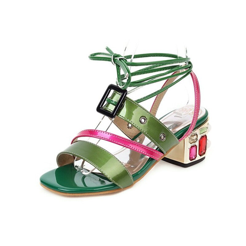 PXELENA, sandalias romanas de gladiador con tiras cruzadas, hebilla de diamantes de imitación, tacones tirantes altos, zapatos de mujer de verano , charol 34-45: Verde / 10.5