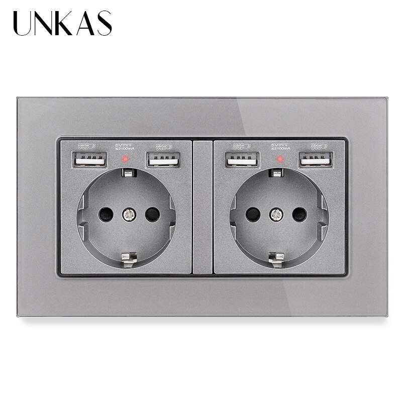 Unkas eu frans stopcontact met dubbele usb-poort + tv  rj11 telefoon  rj45 internet computeraansluiting 146mm * 86mm grijs glazen paneel stopcontact: 2 gang  eu 6 usb  x 1