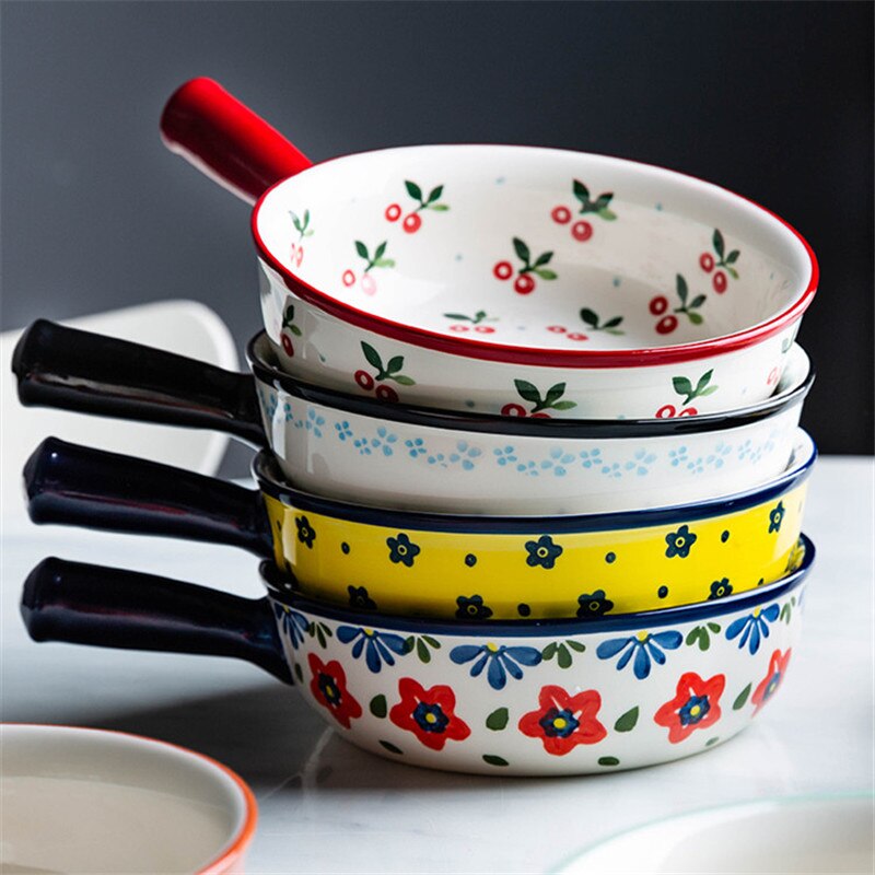 Ceramic Hand-painted Glazed Baking Bowl with Handle French Onion Soup Salad Bowl Roasting Lasagna Pan Round Bakeware