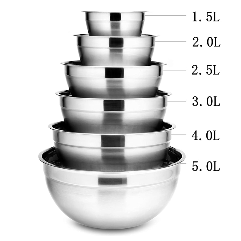 6Pcs Rvs Kommen Set 1.5-5L Capaciteit Nestelen Mengkom Keuken Koken Slabakken Plantaardig Voedsel Opslag container