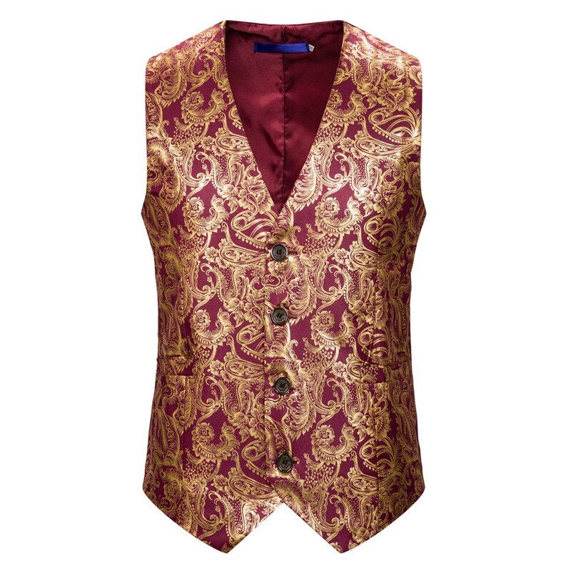 Guld steampunk herr röd väst casual paisley blommiga balklänningar väst herr företag ärmlös slim fit colete masculino: Vin / Euro storlek xl