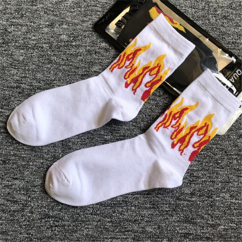 Men Sock Hip Hop Color On Fire Crew Socks Red Flame Blaze Power Torch Warmth Streetwear Skateboard Cotton Socks