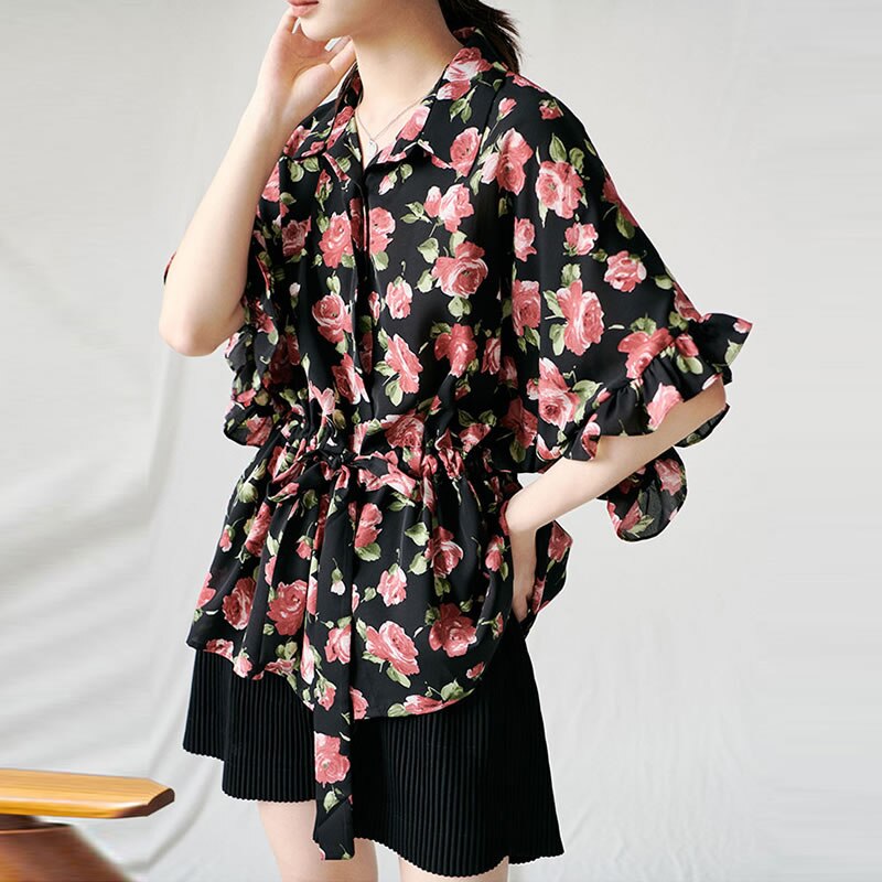 Xitao vintage print kuvio sifonki pusero kiristysnyöri naisten vaatteet kesä plus koko alaspäin kaulus paita  xj4748