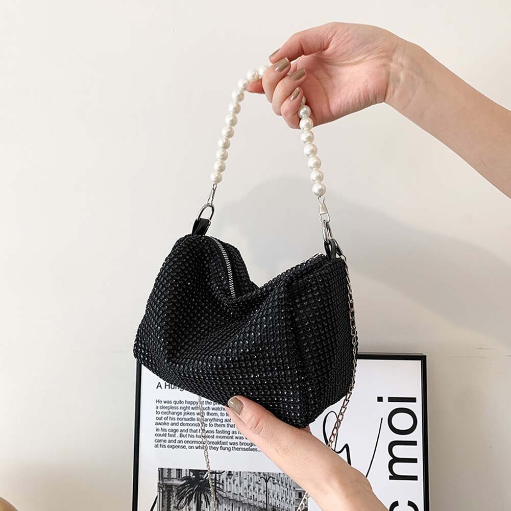 #39 messenger bag met strass steentjes, vierkante tas met ketting, handtas, schoudertas met strass steentjes: Zwart
