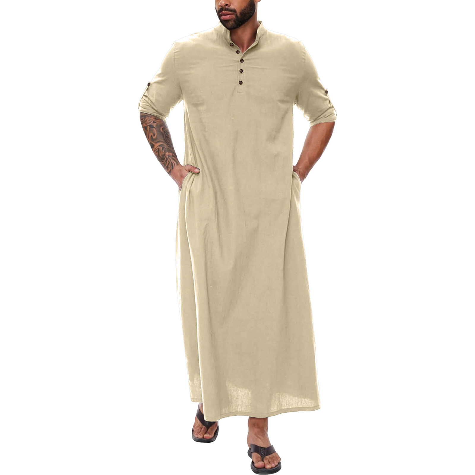Arabisch Katoen Linnen Lange heren Abaya Moslim Zakken Jubba Thobe Islamitische Donderdag Effen Kleur Volwassen Gewaad Musulmans Homme S-XXXL
