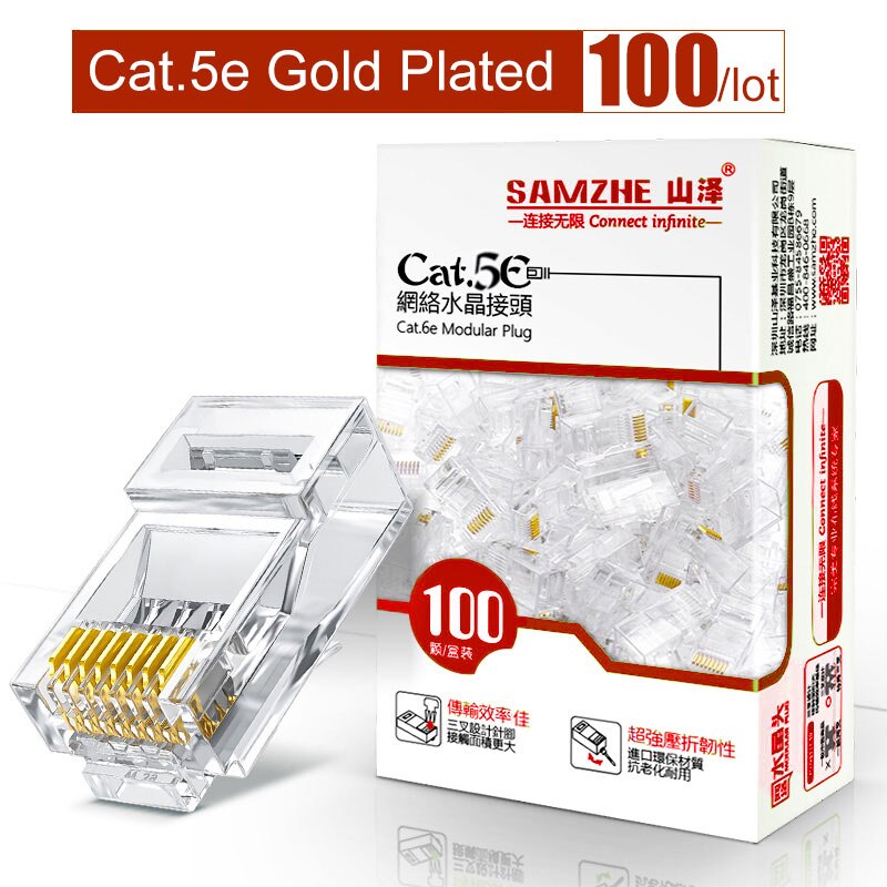 SAMZHE Cat5e RJ45 Modulaire Plug 8P8C Connector voor Ethernet Kabel, Vergulde KAT 5e Gigabit Bulk Ethernet Crimp Connectors: Standard 100PCS