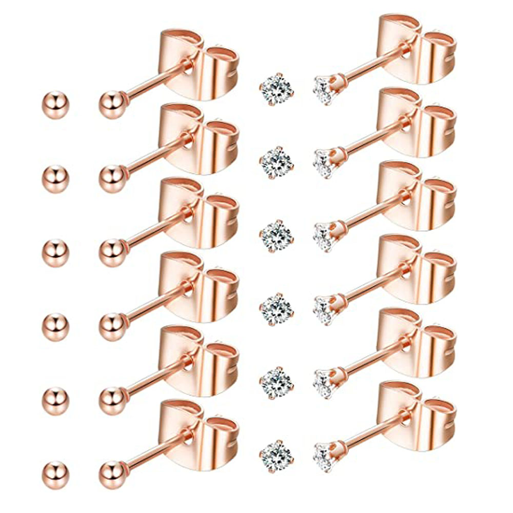 6 pares de aretes pequeños de acero inoxidable de 2 mm para hombre y mujer, aretes de bola redonda CZ, conjunto de