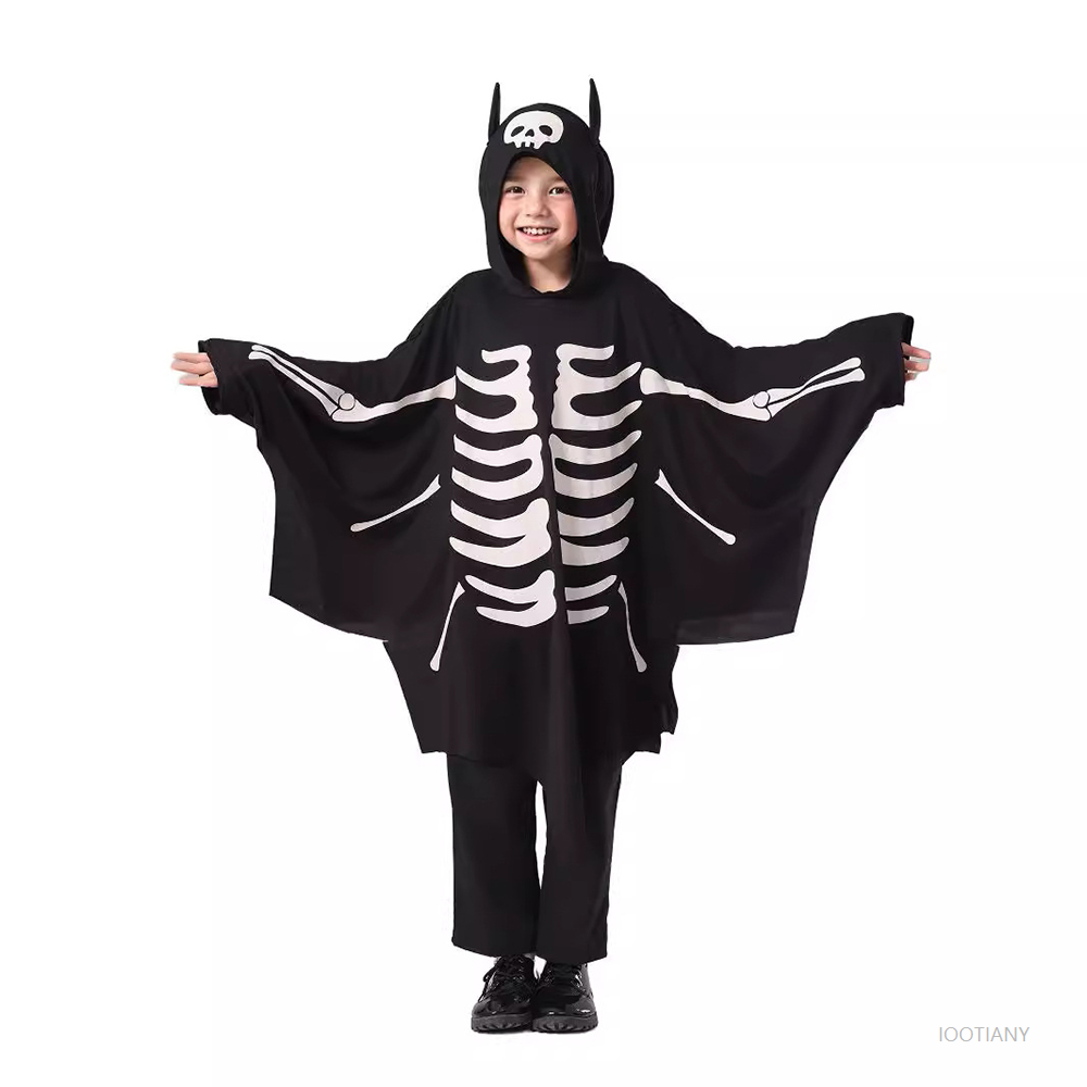 Costume di Halloween Mantello con stampa teschio Mantello luminoso per bambini Mantello con cappuccio pipistrello fantasma Costume da gioco di ruolo per spettacoli di feste