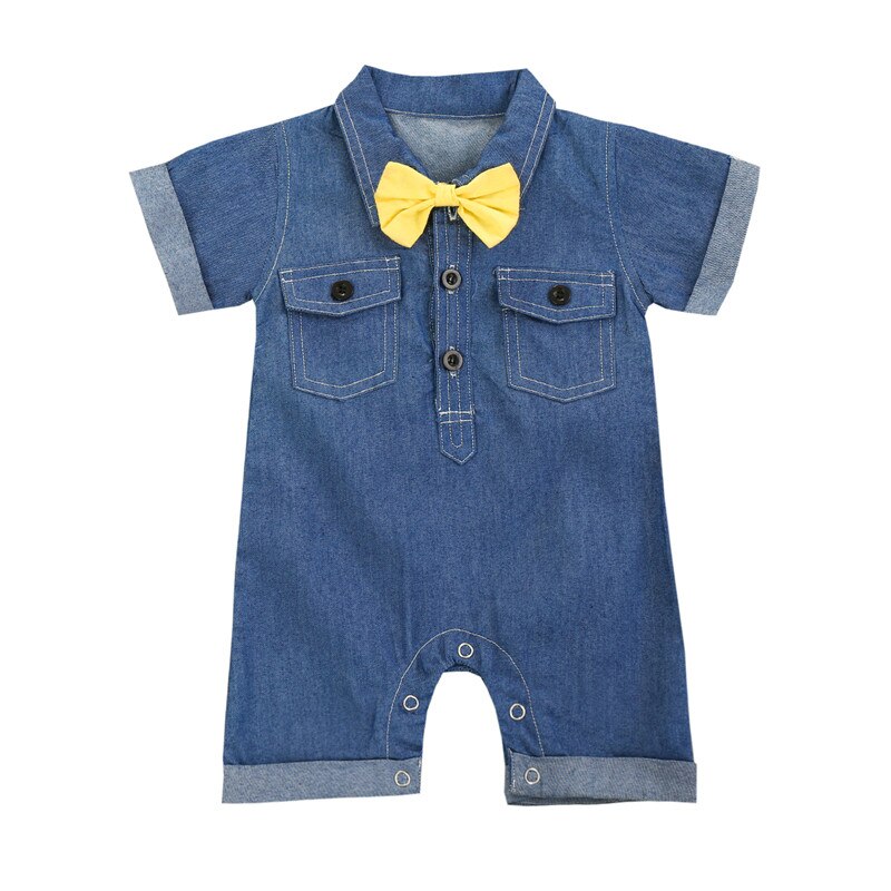 Baby Romper Kids Blauw Turn-Down Kraag Korte Mouwen Jumpsuit Bow-Tie Voor Zomer Baby Boy Kleding 0-24 Maanden: 18 24Months