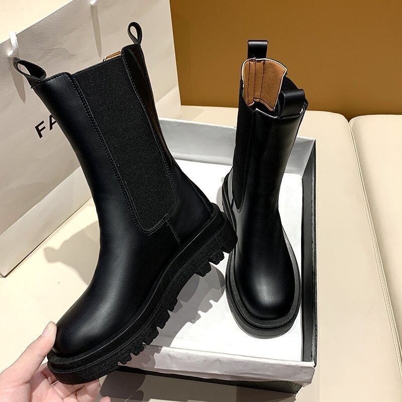 Kvinnor botas fyrkantig tå plattform tjock klack mid-calf boots kvinna slip-on chelsea booties höst vinter vit