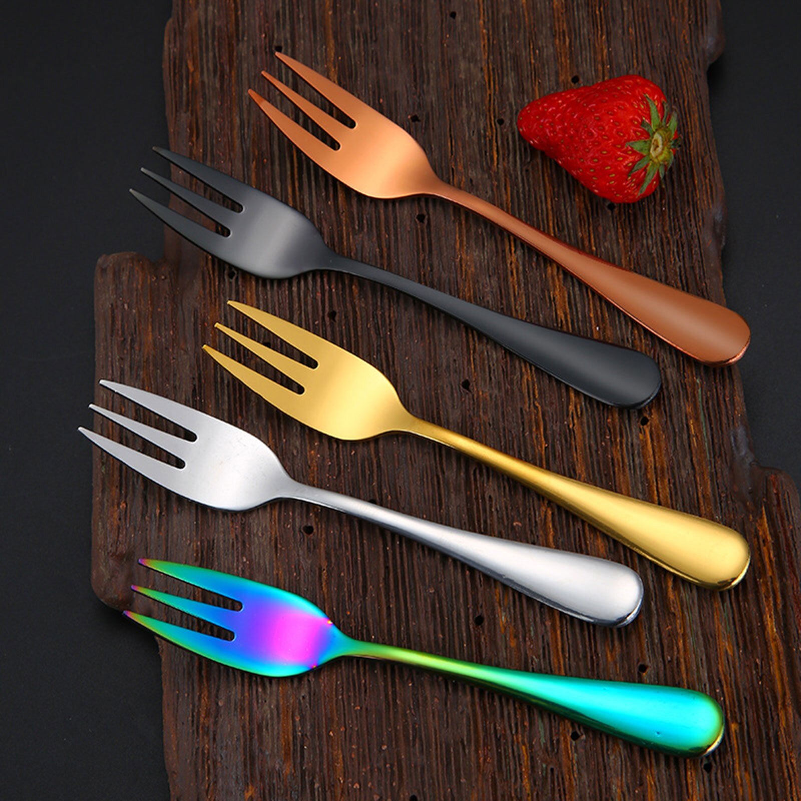 8pc Fruit Fork Stainless Steel Ice Cream Cake Forks Gold Colourful Tea Fork Dinnerware Set Party Restaurant Supplies Accessories