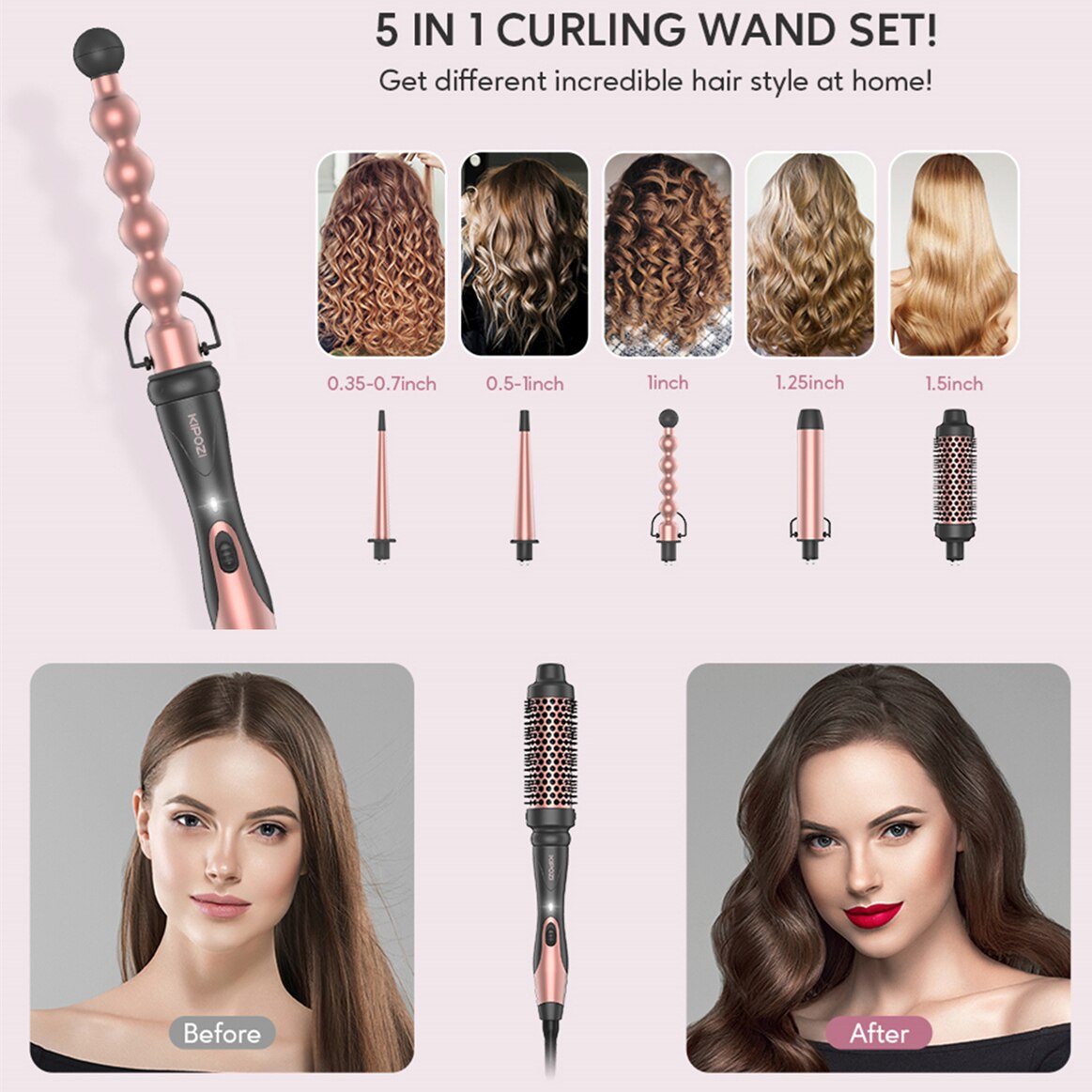 KIPOZI ferro arricciacapelli professionale 5 in 1 strumenti per capelli riscaldamento istantaneo ferro arricciacapelli elettrico spazzola ad aria calda barili in ceramica per donna
