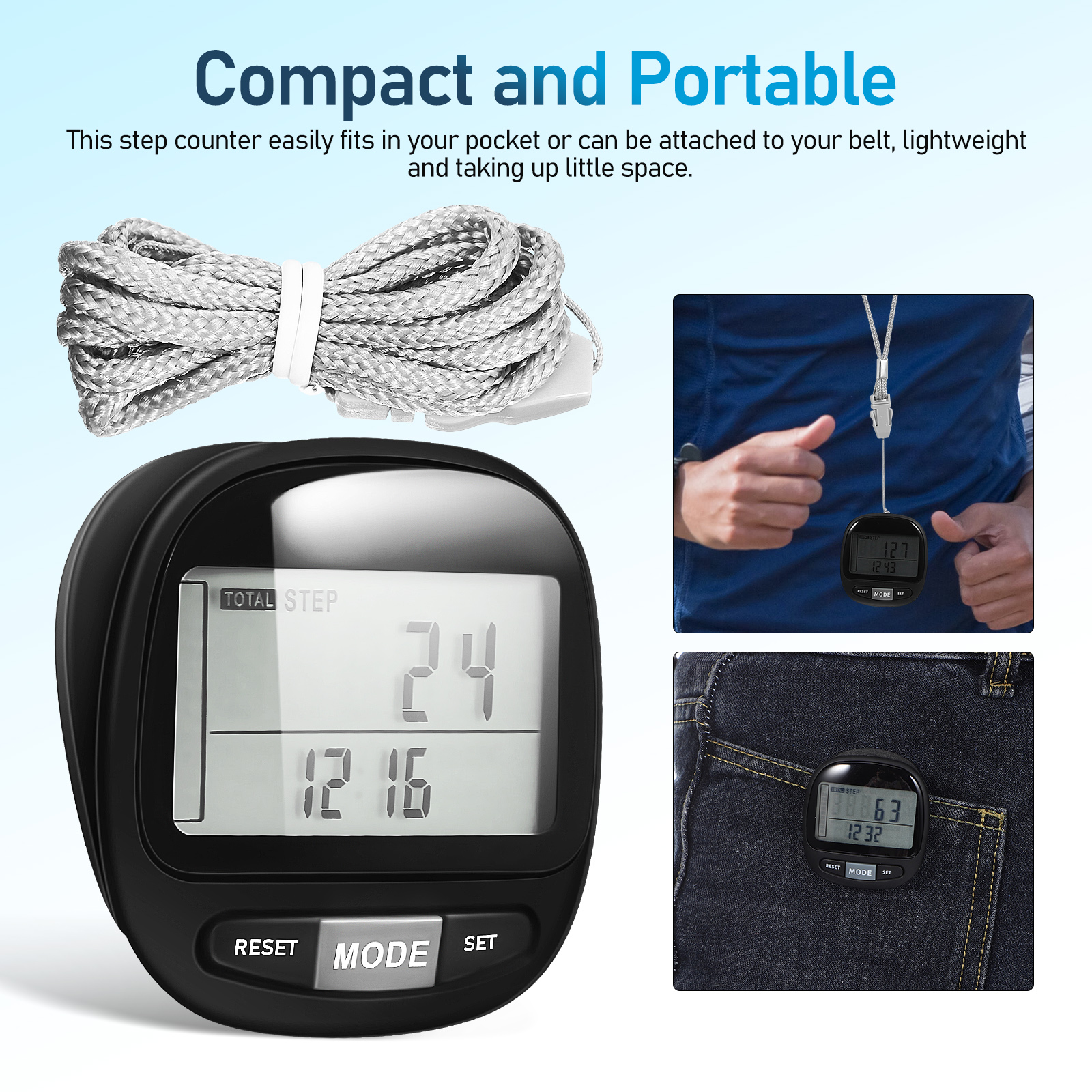 Walking 3D-Schrittzähler, tragbarer Schritt-Tracker, Outdoor-Schrittzähler-Clip, Gehstufen, einfacher Zähler und Kilometer-Tracker mit Uhr