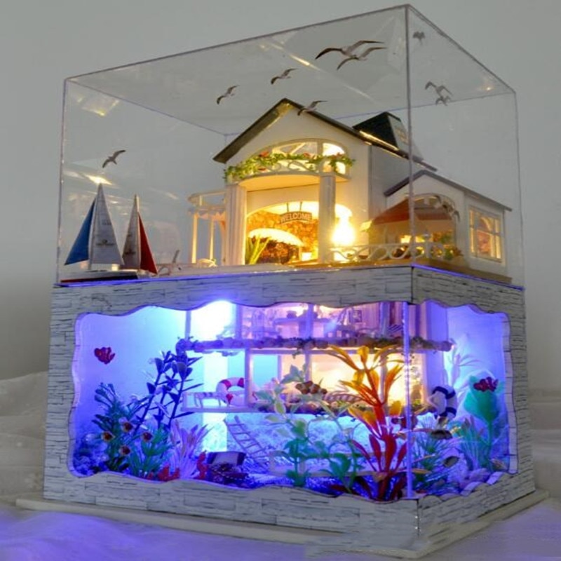 Diy Handgemaakte Houten Mooie Hawaii Model Poppenhuis Met Stofkap Mooie Akoestisch-optische Hut Van Liefde