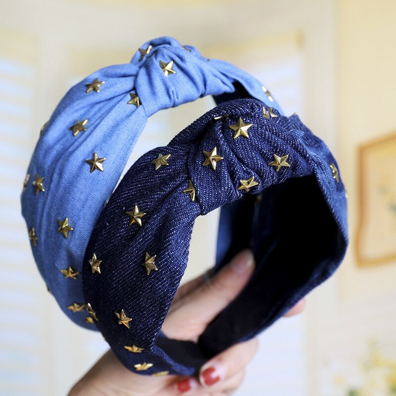 Vintage Sterren Jewel Rhinestone Denim Haarband Voor Vrouwen Knot Tulband Hoofdband Meisjes Haar Accessoires Bandeau Cheveux Opaska Doen