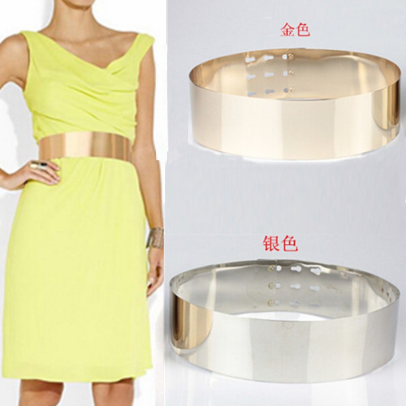 1 pieza/lote, cinturón de 7cm de Metal con espejo metálico, cinturones de vestido para mujer, cinturones de , cinturones Punk, dorado y plateado