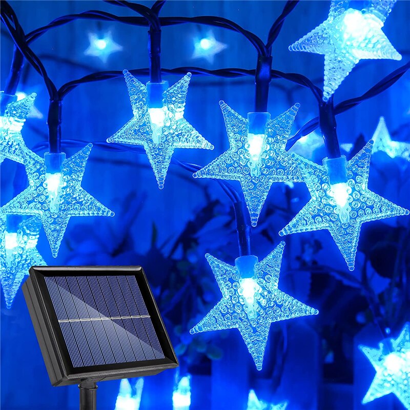 Solar Ster Lichtslingers 8 Modi Zonne-energie Twinkle Fairy Lights Waterdicht Ster Licht Voor Outdoor Tuinen Gazon Kerst: Blauw / 7M 50LEDS