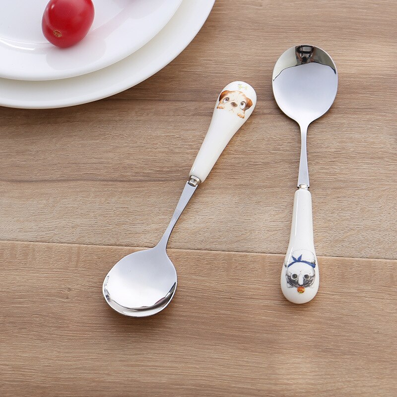 Stainless Steel Ceramic Spoon White Portable Pudding Dessert Fruit Spoons Household Cartoon Children's Soup Rice Spoon