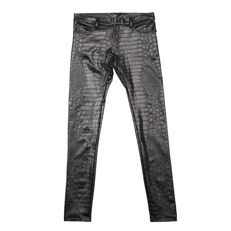 Krokodille alligator skrive ut pu kunstskinn blyantbukser tynn fleece varme høstbukser motorsykkel herre streetwear spodnie bukse: Es