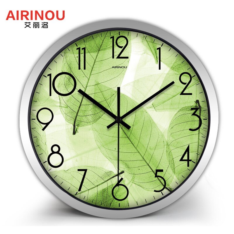 Airinou Green Wall Clock Translucent Leaf Nature Quite Living Room Quartz Glass Silent Home Decor Clock