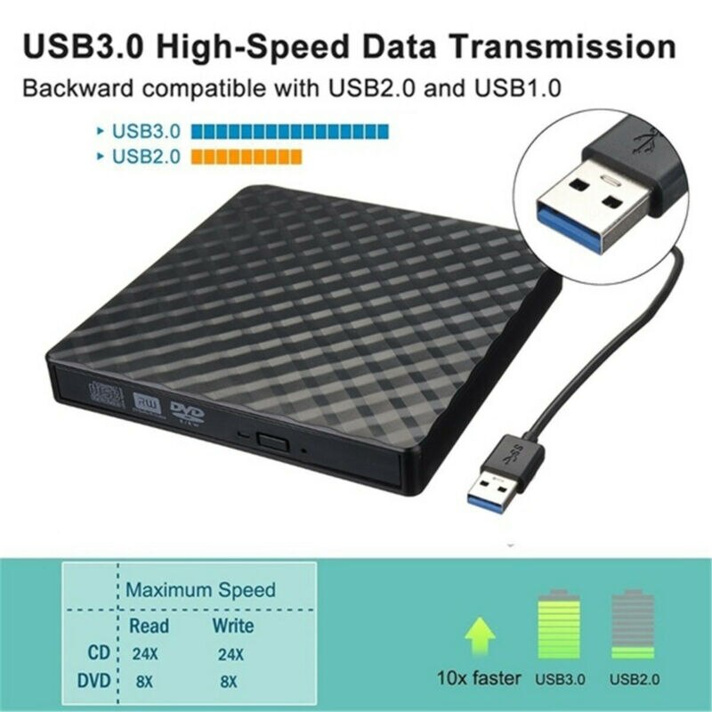 USB 3,0-Unidad óptica externa de alta velocidad, reproductor de CD/DVD, CD/DVD RW ROM, color negro