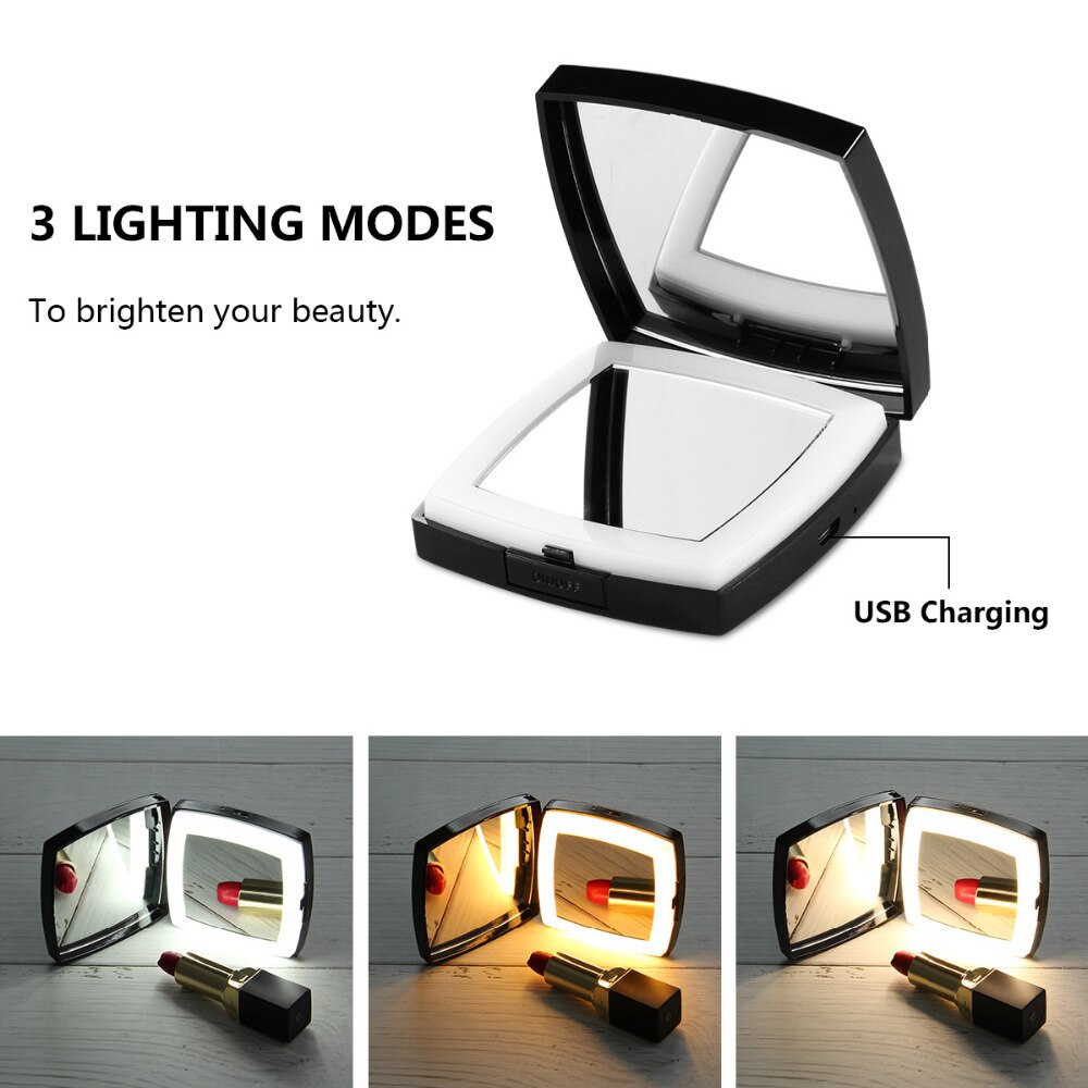 Light 4X Makeup Mirror with LED Pocket Mirror USB Mini Makeup Mirrors Magnifying Mirror Travel Cable-battery Vanity Mirror